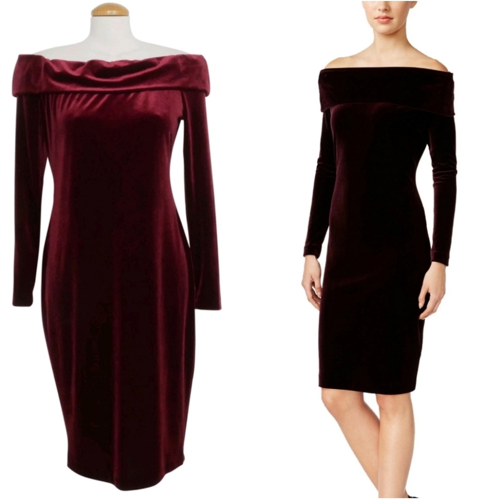 Calvin Klein Burgundy Velvet Off The Shoulder Long Sleeve Sheath Dress Size 16